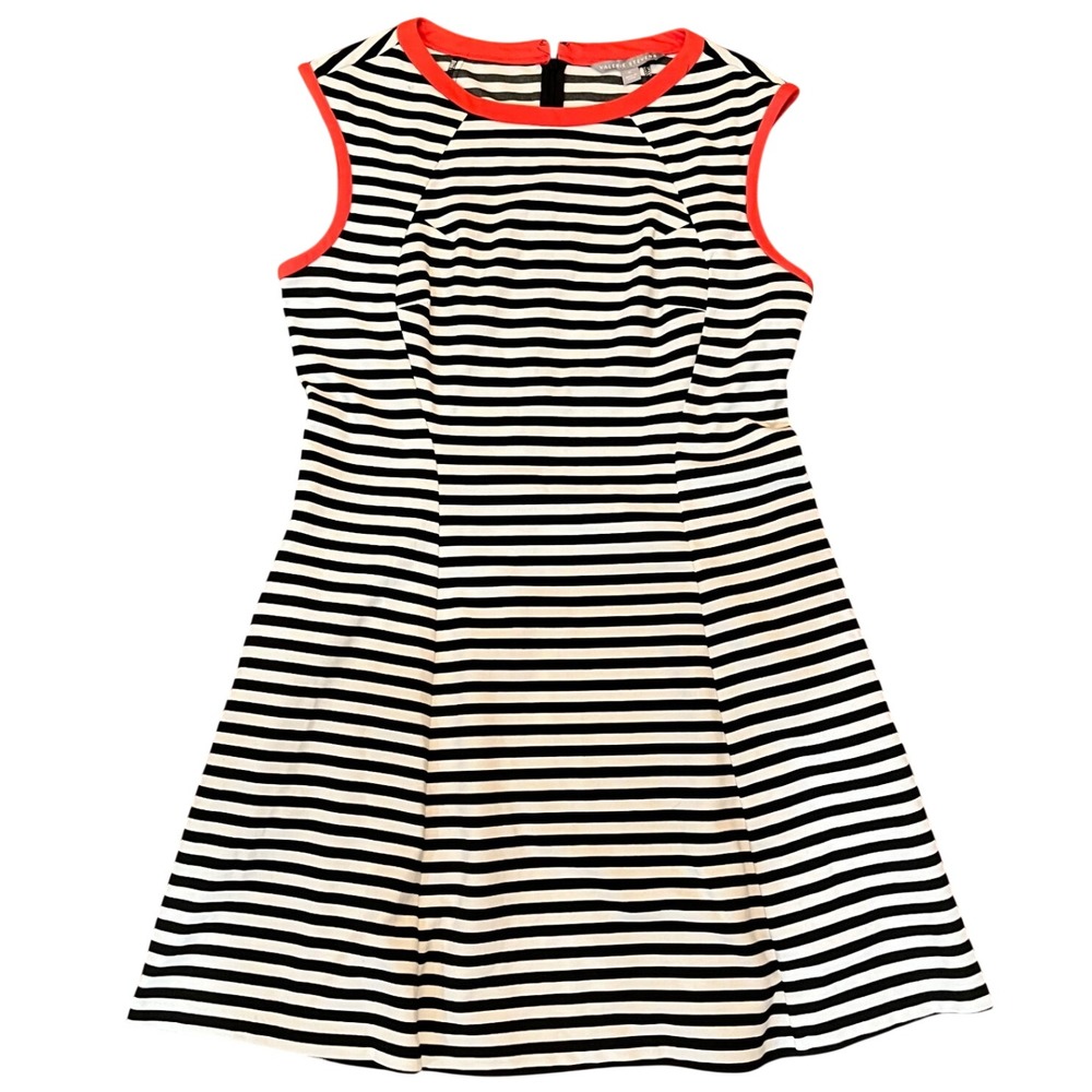 Valerie Stevens Dress Womens Black White Striped Sleeveless A-Line Coral Trim XL